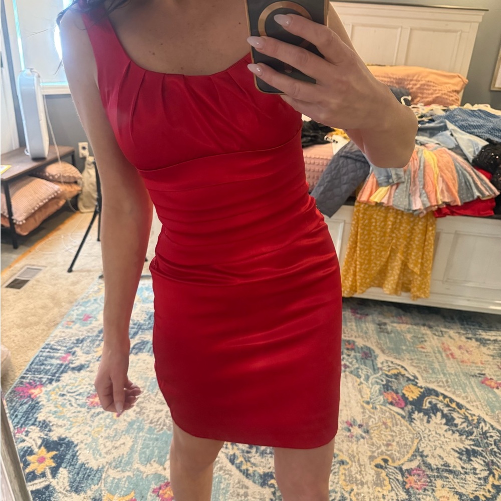 BDarlin BodyCon ruched red satin minidress with zipper closure and stretch.